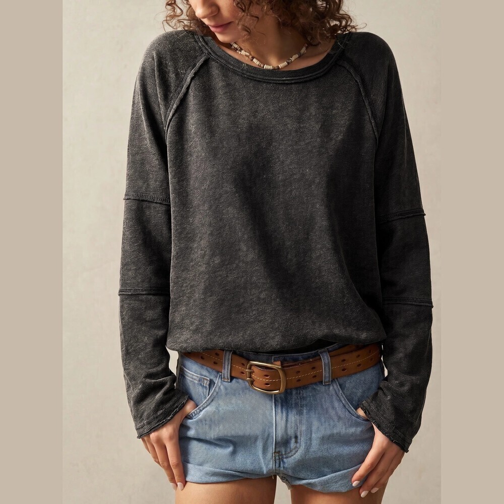 Faded Black Raw Edge Raglan Sleeve Long Sleeve Tee
